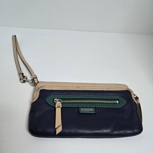 Coach Accordian Wallet Clutch Wristlet Blue Green Tan